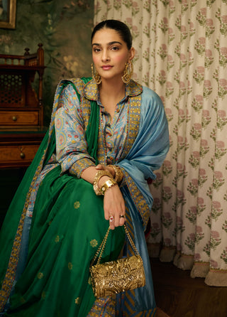 Misty blue tunic with lungi skirt set