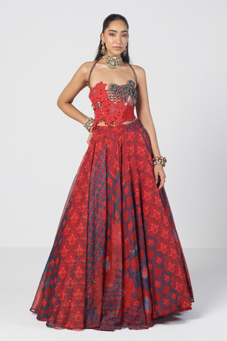 Basque red corset lehenga set