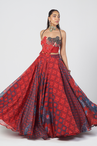 Basque red corset lehenga set