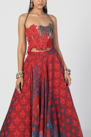 Basque red corset lehenga set
