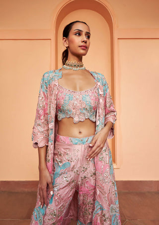 Osaa By Adarsh-Coral Embroidered Jacket And Flared Pant Set-INDIASPOPUP.COM