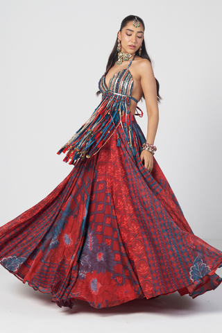 Bahar red bralette and skirt set
