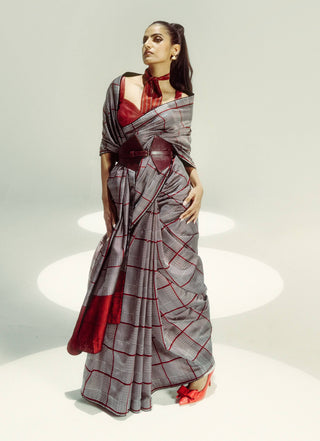 Black And Red Chessboard Sari With Unstitched Blouse Piece by Ekaya available on Indiaspopup.com