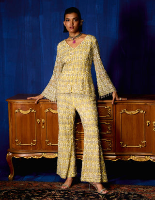 Sia Yellow Gold Embroidered Jacket And Palazzo Set by Mani Bhatia available on Indiaspopup.com