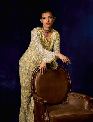 Sia Yellow Gold Embroidered Jacket And Palazzo Set by Mani Bhatia available on Indiaspopup.com