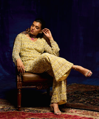 Sia Yellow Gold Embroidered Jacket And Palazzo Set by Mani Bhatia available on Indiaspopup.com