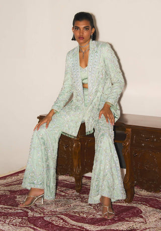 Jolie Moonlight Jade Jacket And Sharara Set by Mani Bhatia available on Indiaspopup.com