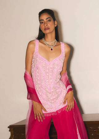 Cher Petal Pink Kurta And Fuchsia Sharara Set by Mani Bhatia available on Indiaspopup.com