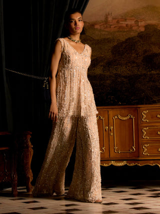 Cinderella Peachy Dust Peplum And Sharara Set by Mani Bhatia available on Indiaspopup.com