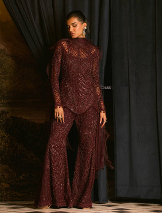 Darcy Cherry Maroon Embroidered Sharara Set by Mani Bhatia available on Indiaspopup.com