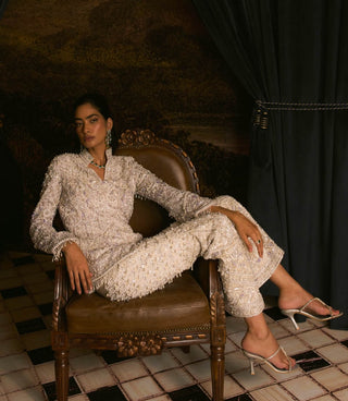 Perline Coconut Milk White Jacket And Pant Set by Mani Bhatia available on Indiaspopup.com