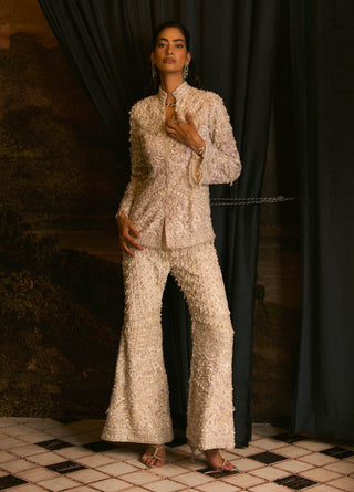 Perline Coconut Milk White Jacket And Pant Set by Mani Bhatia available on Indiaspopup.com