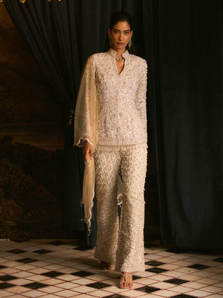 Perline Coconut Milk White Jacket And Pant Set by Mani Bhatia available on Indiaspopup.com