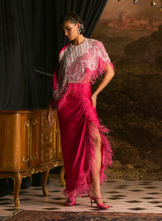 Lyonell Fuchsia Rose Feather Cape And Skirt by Mani Bhatia available on Indiaspopup.com