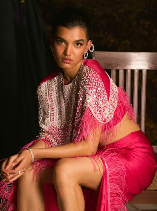 Lyonell Fuchsia Rose Feather Cape And Skirt by Mani Bhatia available on Indiaspopup.com