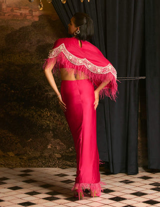 Lyonell Fuchsia Rose Feather Cape And Skirt by Mani Bhatia available on Indiaspopup.com