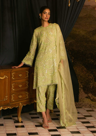 Christel Kiwi Green Embroidered Kurta Set by Mani Bhatia available on Indiaspopup.com