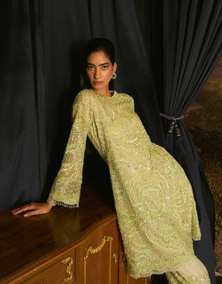 Christel Kiwi Green Embroidered Kurta Set by Mani Bhatia available on Indiaspopup.com