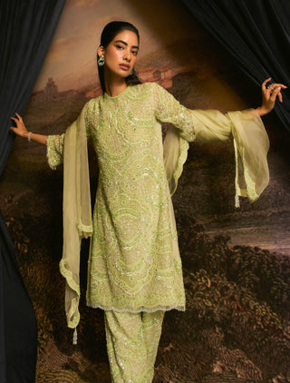 Christel Kiwi Green Embroidered Kurta Set by Mani Bhatia available on Indiaspopup.com