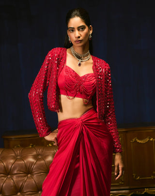 Josée Crimson Red Jacket And Skirt Set by Mani Bhatia available on Indiaspopup.com