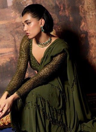 Illuminée olive embroidered blouse and ruffle sari