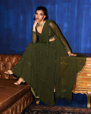 Illuminée olive embroidered blouse and ruffle sari