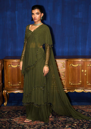 Illuminée olive embroidered blouse and ruffle sari