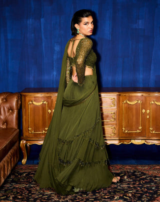 Illuminée olive embroidered blouse and ruffle sari