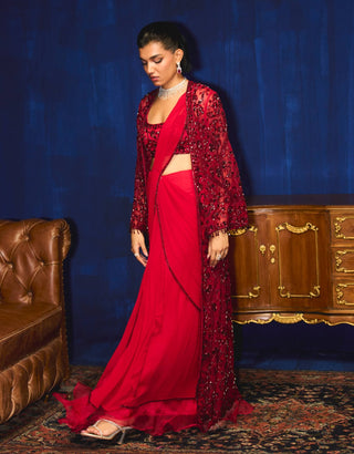 Zerline scarlet red jacket and ruffle sari set