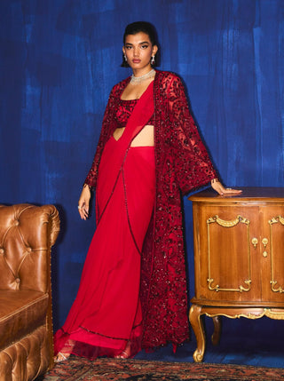 Zerline scarlet red jacket and ruffle sari set