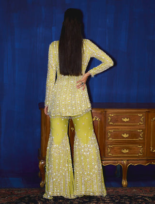 Poppy Olive Green Kurta And Gharara Set by Mani Bhatia available on Indiaspopup.com