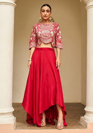 Osaa By Adarsh-Carmine Red Embroidered Top And Skirt-INDIASPOPUP.COM