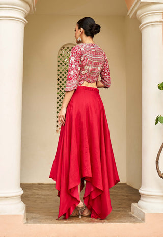 Osaa By Adarsh-Carmine Red Embroidered Top And Skirt-INDIASPOPUP.COM