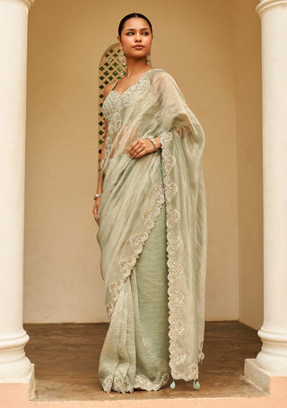 Osaa By Adarsh-Pastel Grey Embroidered Sari And Blouse-INDIASPOPUP.COM
