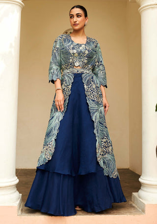 Osaa By Adarsh-Blue Embroidered Skirt And Jacket Set-INDIASPOPUP.COM
