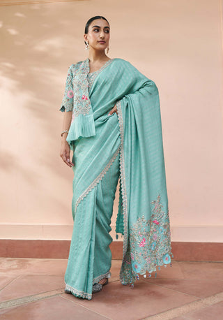 Osaa By Adarsh-Teal Embroidered Sari And Jacket Set-INDIASPOPUP.COM