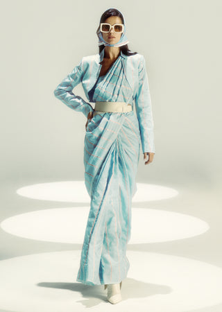 Powder Blue Bumblebee Sari With Unstitched Blouse Piece by Ekaya available on Indiaspopup.com