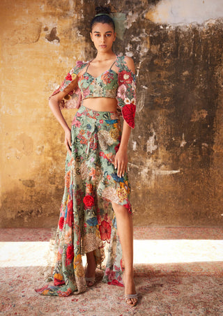 Varun Bahl-Sage Green Asymmetrical Skirt And Corset-INDIASPOPUP.COM