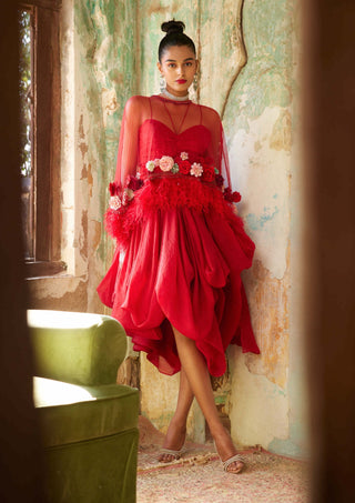 Varun Bahl-Scarlet Red Corsage Cape And Skirt Set-INDIASPOPUP.COM