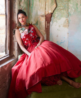 Varun Bahl-Scarlet Red Corsage Top & Skirt Set-INDIASPOPUP.COM