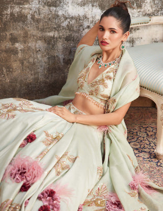 Varun Bahl-Mint & Gold Corsage Lehenga Set-INDIASPOPUP.COM