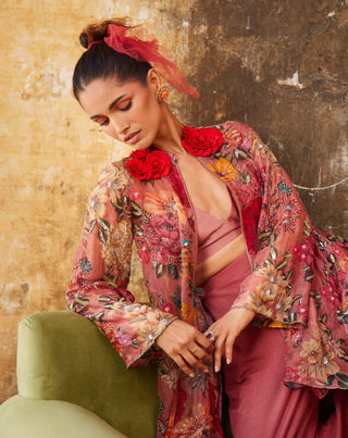 Varun Bahl-Old Rose Floral Printed Zipper Tunic And Pant Set-INDIASPOPUP.COM