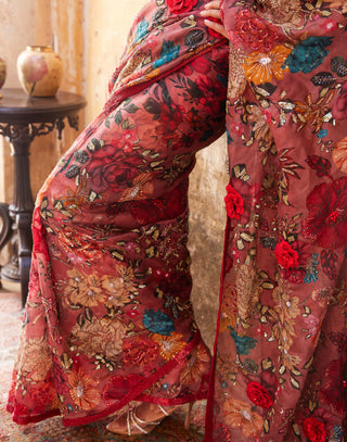Varun Bahl-Old Rose Floral Printed Sari And Bralette-INDIASPOPUP.COM