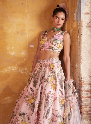 Varun Bahl-Pink Floral Printed Lehenga Set-INDIASPOPUP.COM