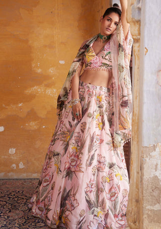 Varun Bahl-Pink Floral Printed Lehenga Set-INDIASPOPUP.COM