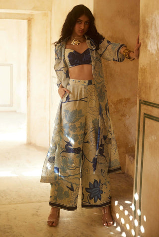 Ivory blue printed jacket and trouser set