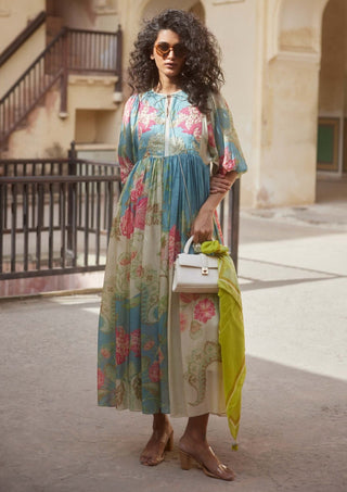 Paulmi & Harsh-Ivory Multicolor Printed Maxi Dress And Scarf-INDIASPOPUP.COM