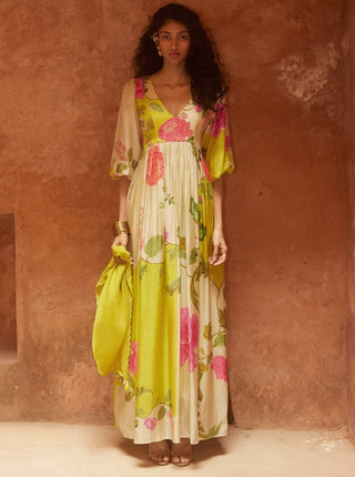 Paulmi & Harsh-Lime Yellow Printed Maxi Dress And Scarf-INDIASPOPUP.COM