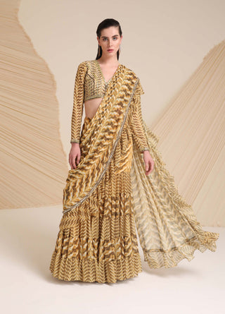 Divya Aggarwal-Yellow Rosaria Printed Draped Sari And Blouse-INDIASPOPUP.COM