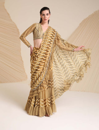 Divya Aggarwal-Yellow Rosaria Printed Draped Sari And Blouse-INDIASPOPUP.COM